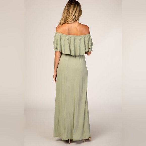 Pinkblush Mint Green Off Shoulder Ruffle Trim Maternity Knit Maxi Dress Large - Picture 4 of 5